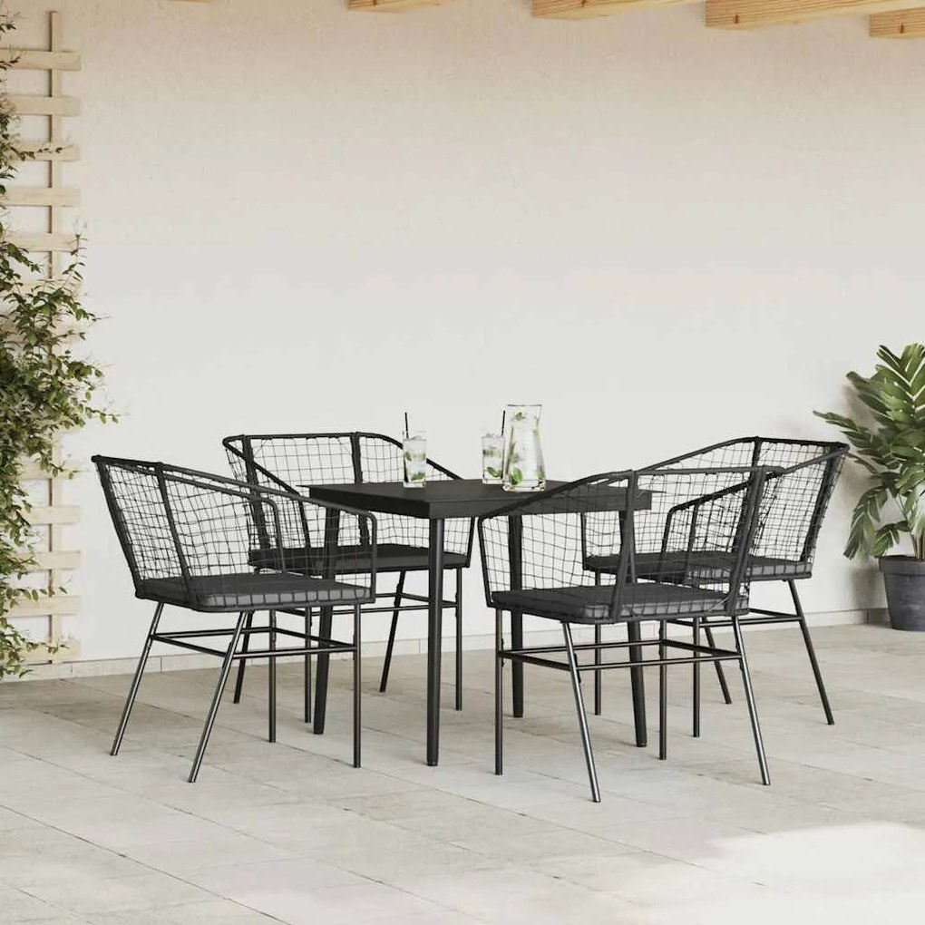 Conjunto de jantar jardim 5 peças almofadas vidro vime PE preto