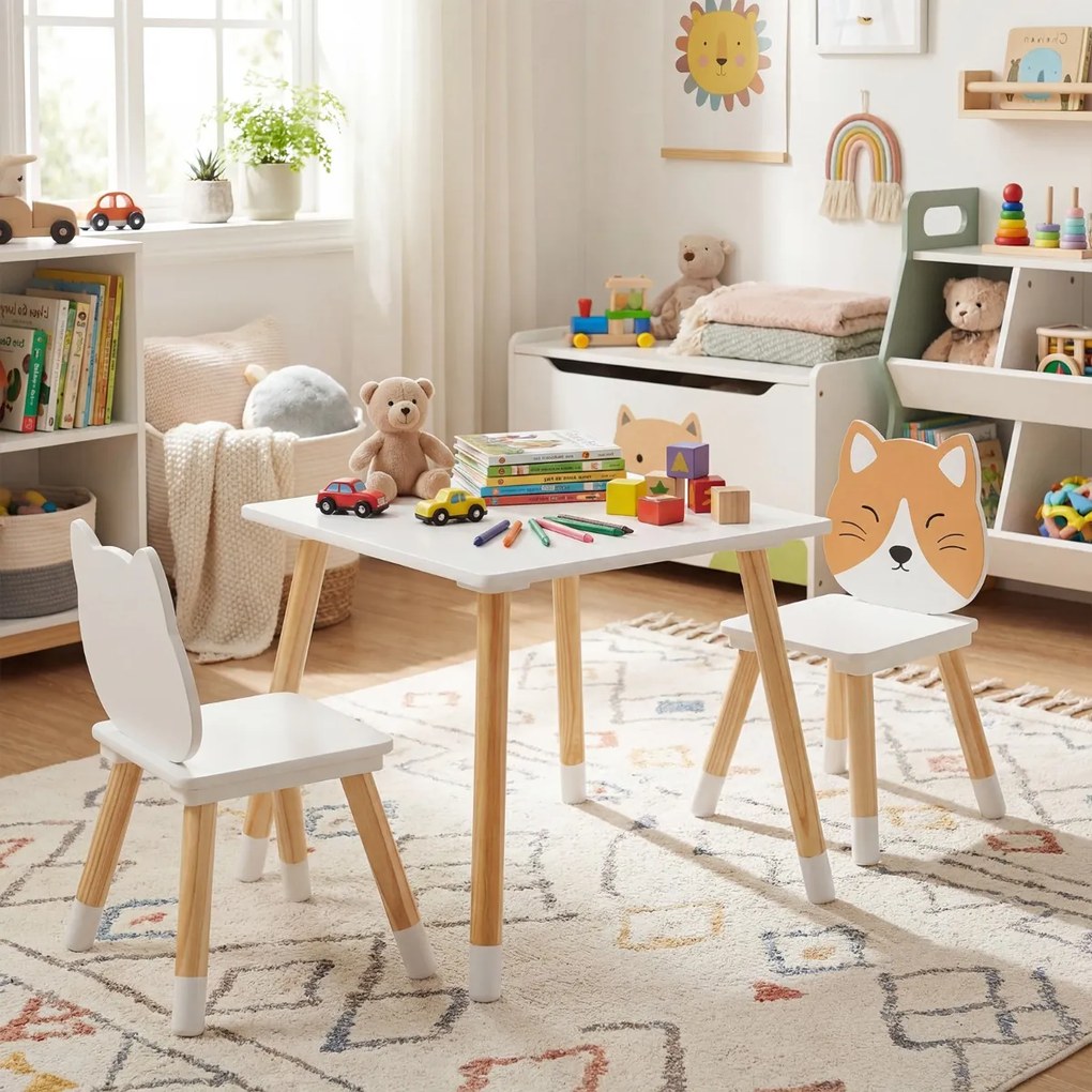 Conjunto de mesa e 2 cadeiras infantis de madeira multiusos para trabalhos manuais, leitura, aprendizagem e refeições Branco + Natural