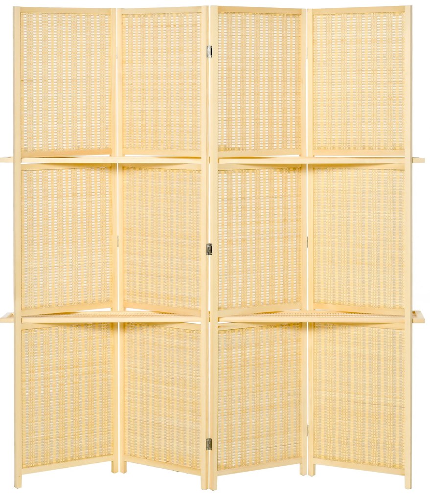 Biombo de 4 Painéis de Bambu Separador de Ambientes Dobrável com 2 Prateleiras Removíveis para Dormitório 180x180 cm Madeira