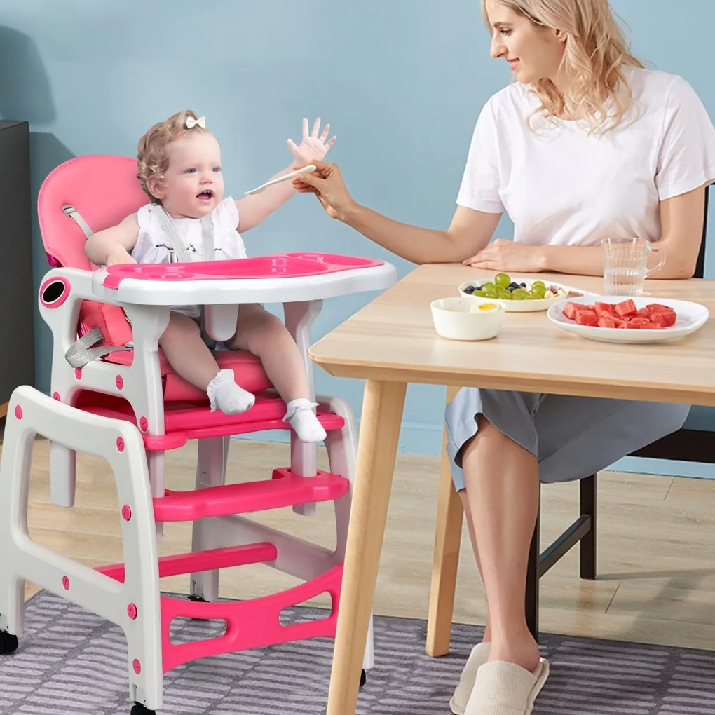 Cadeira alta 3 em 1 refeição bebés conversível em mesa e cadeira para crianças de 6 a 36 meses com bandeja removível, almofada, encosto com 3 níveis e