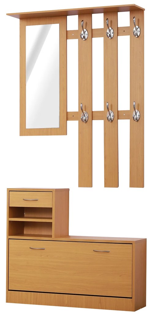 HOMCOM Móvel Cabide de Entrada de 3 Peças Armário de Entrada com Cabide Espelho Sapateira e Gaveta 90x10x102 cm Madeira |Aosom Portugal