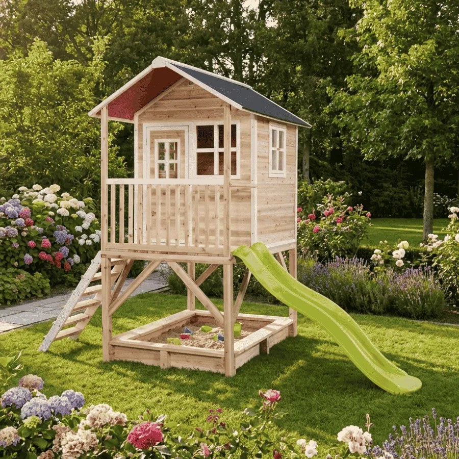 Casa de brincar infantil exterior para crianças Loft 500 em madeira com escorrega e caixa areia - natural