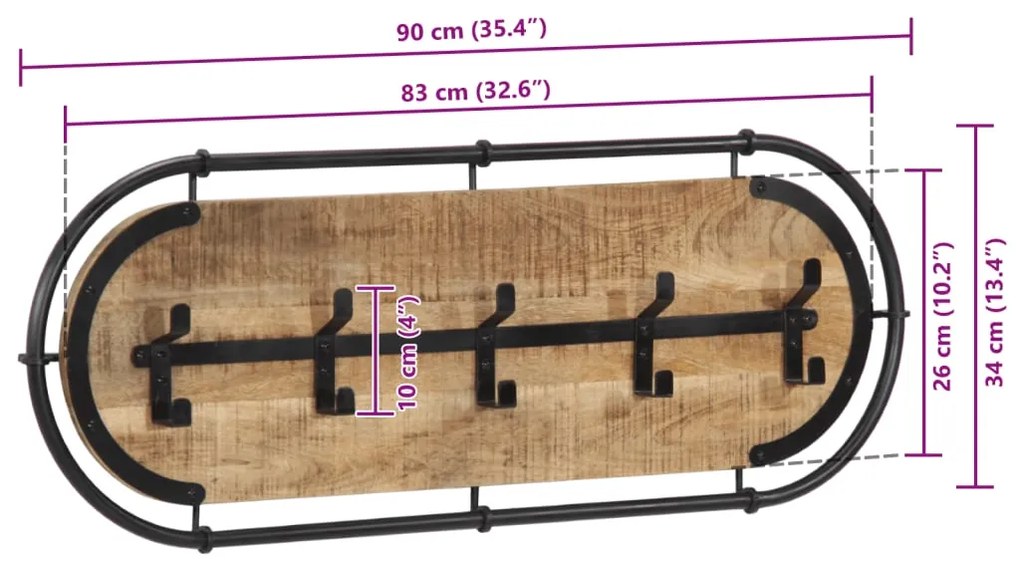 Cabide de parede com 5 ganchos madeira mangueira áspera maciça
