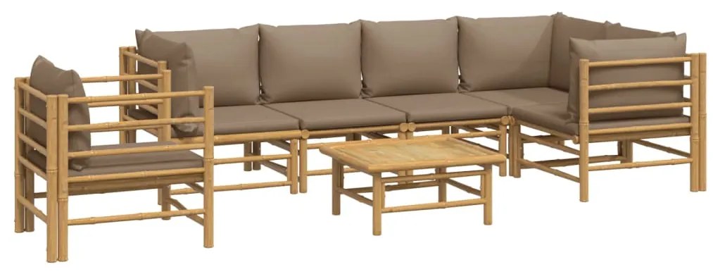7 pcs conj. lounge jardim bambu c/ almofadões cinza-acastanhado