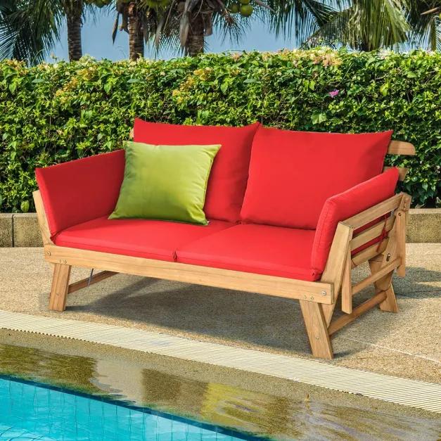 Sofá-cama de jardim convertível em madeira de acácia com braços ajustáveis Almofadas 2 lugares Exterior 198 x 75 x 75 cm Vermelho