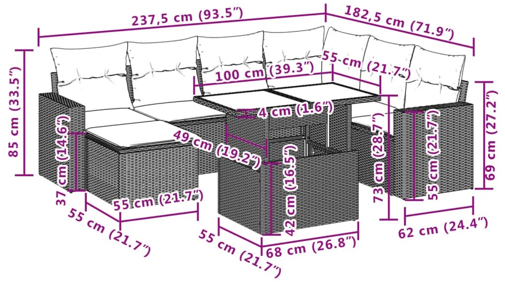 8 pcs conjunto de sofás p/ jardim com almofadões vime PE bege