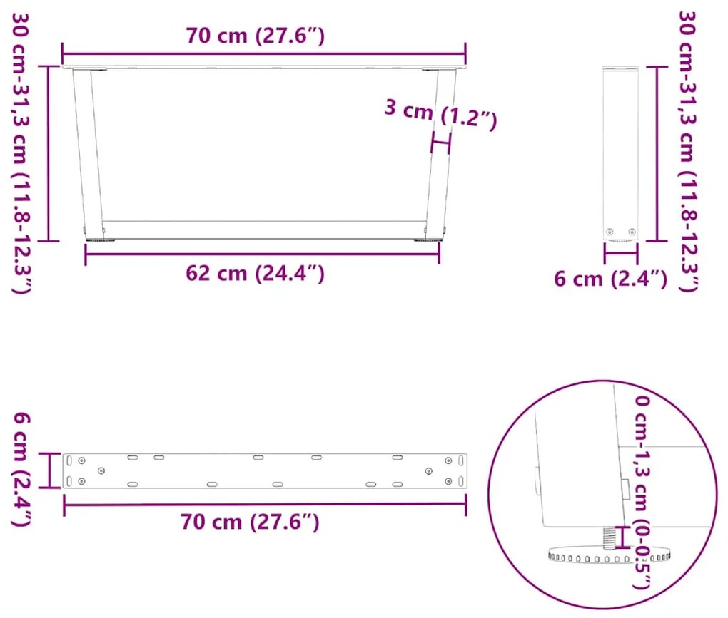 Pés para mesa de centro em V, 2 peças, preto, 70x(30-31,3) cm, aço