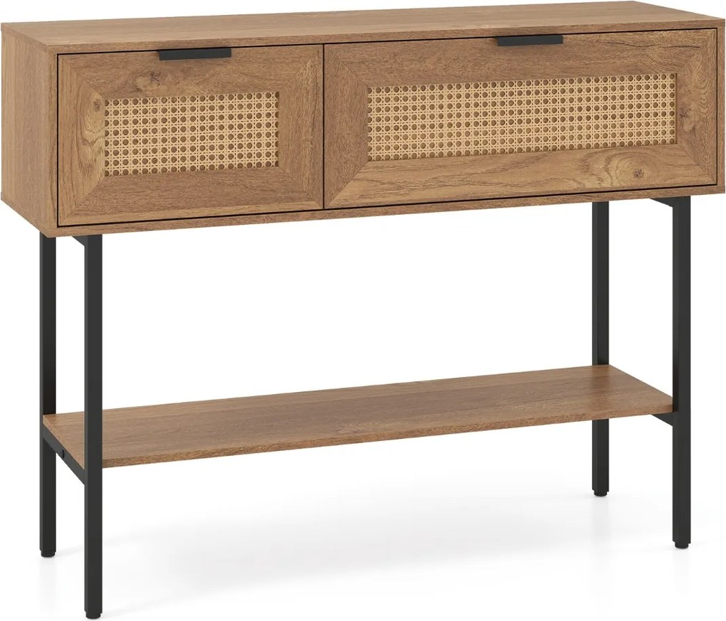 Mesa consola estreita em rattan PE 100 x 29,5 x 76 cm, com portas, prateleiras e estrutura metálica, para a sala de estar ou o hall de entrada Natural