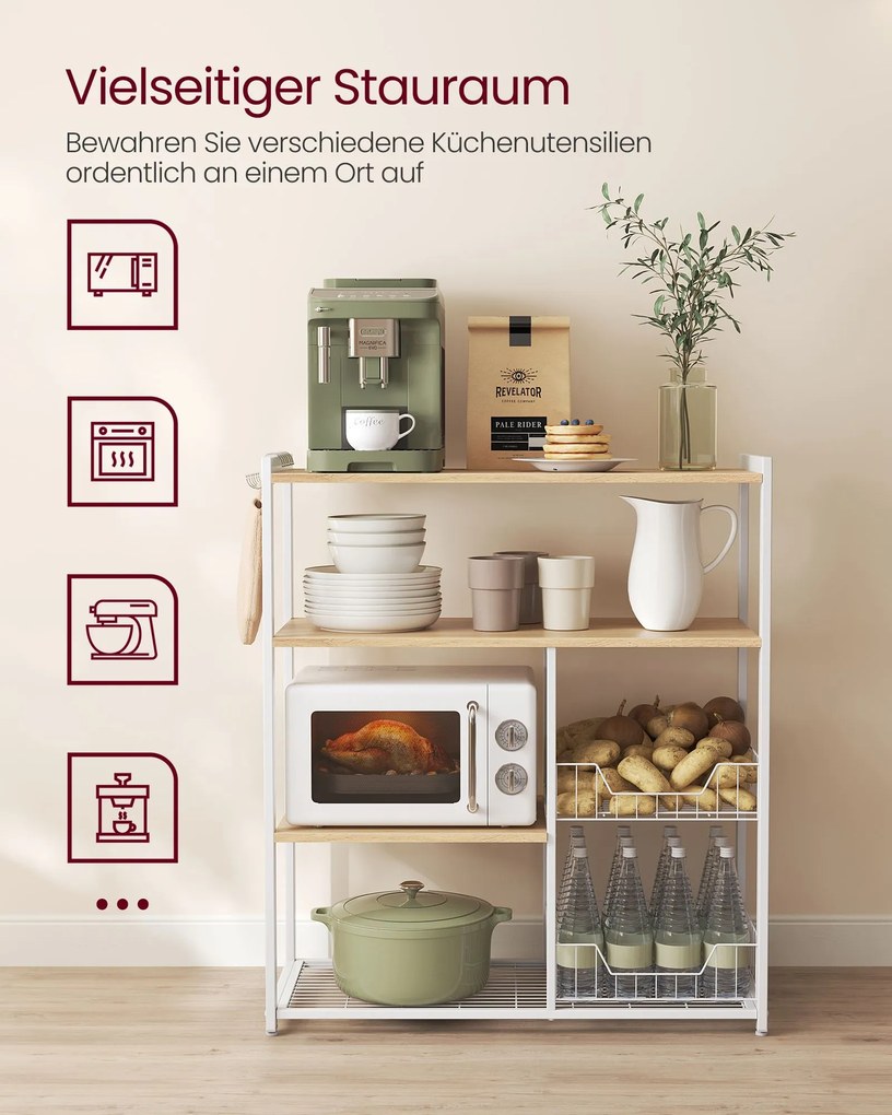 Armário de cozinha com 2 cestos metálicos e ganchos 35 x 80 x 95 cm castanho-branco