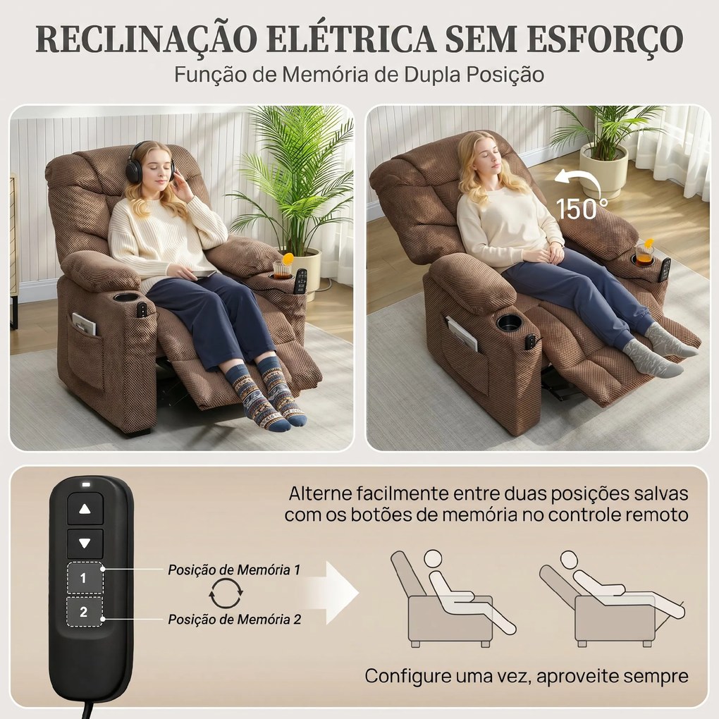 Poltrona Relax Reclinável Elétrico com Calor Lombar Massagem Vibratória Motor Silencioso Função Memória Bolsos e USB Castanho