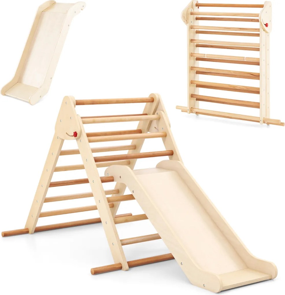 Conjunto de escalada triangular dobrável com escorrega para crianças e barras de madeira de faia Ginásio de interior Natural