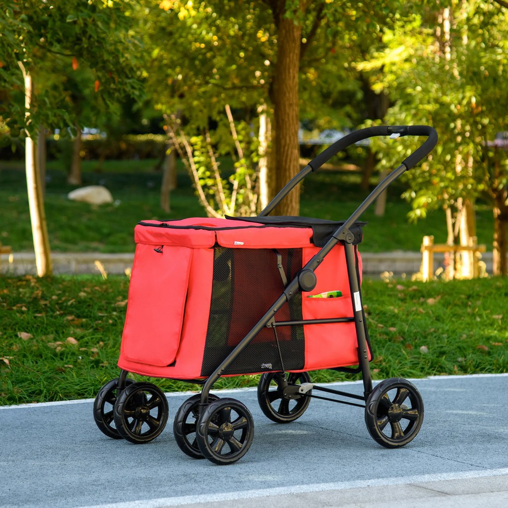 Carrinho de bebé dobrável 102 x 62 x 105 cm com motivos de animais (cão e gato), almofada incluída, rodas com travão, tecido Oxford 600D, vermelho