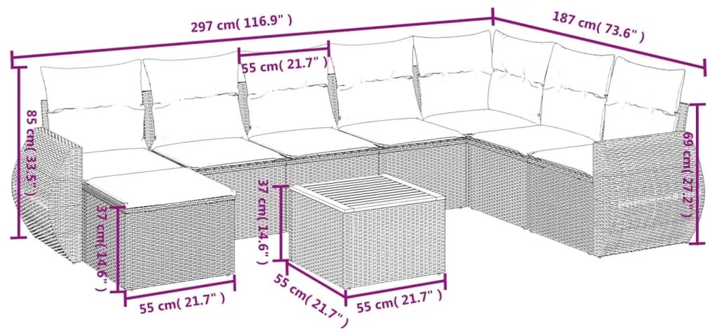 9 pcs conjunto de sofás p/ jardim com almofadões vime PE bege