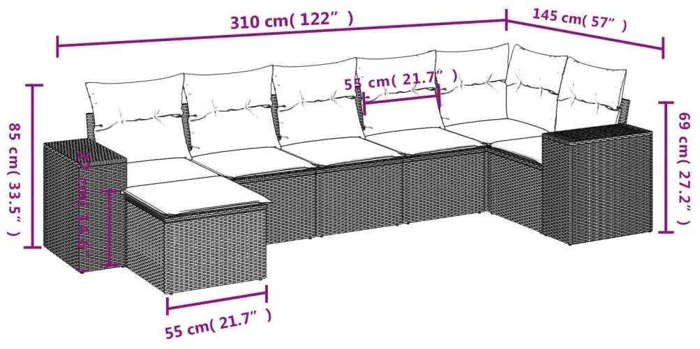 7 pcs conjunto de sofás p/ jardim com almofadões vime PE bege