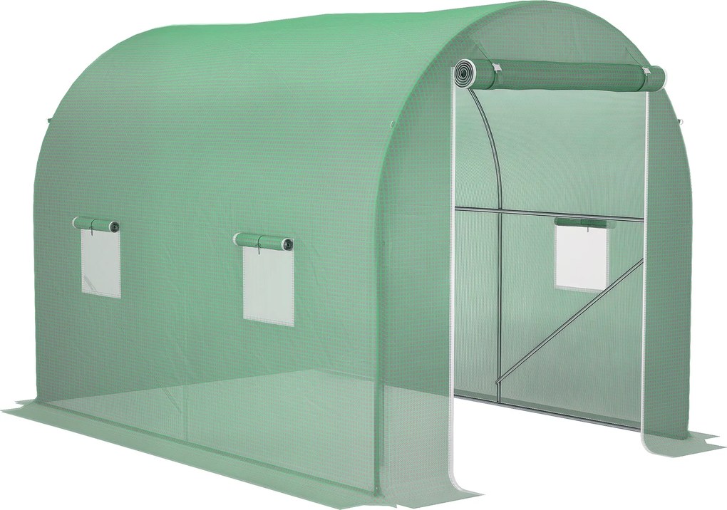 Outsunny Estufa Túnel para Jardim Área ao Solo 6 m² 3L x 2l x 2,10H m Estrutura Tubular Reforçada Porta com Zíper 4 Janelas Enroláveis Estrutura Metálica Verde | Aosom Portugal