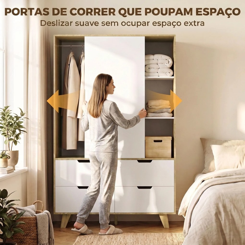 Roupeiro Moderno com Portas de Correr Varão Prateleiras Ajustáveis e 4 Gavetas cor Carvalho e Branco