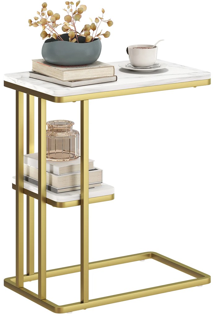 Mesa Auxiliar Estrutura em C Mesa Auxiliar Estreita de 2 Níveis com Prateleira 50x30x57,5 cm Branco  Efeito Mármore e doiurada