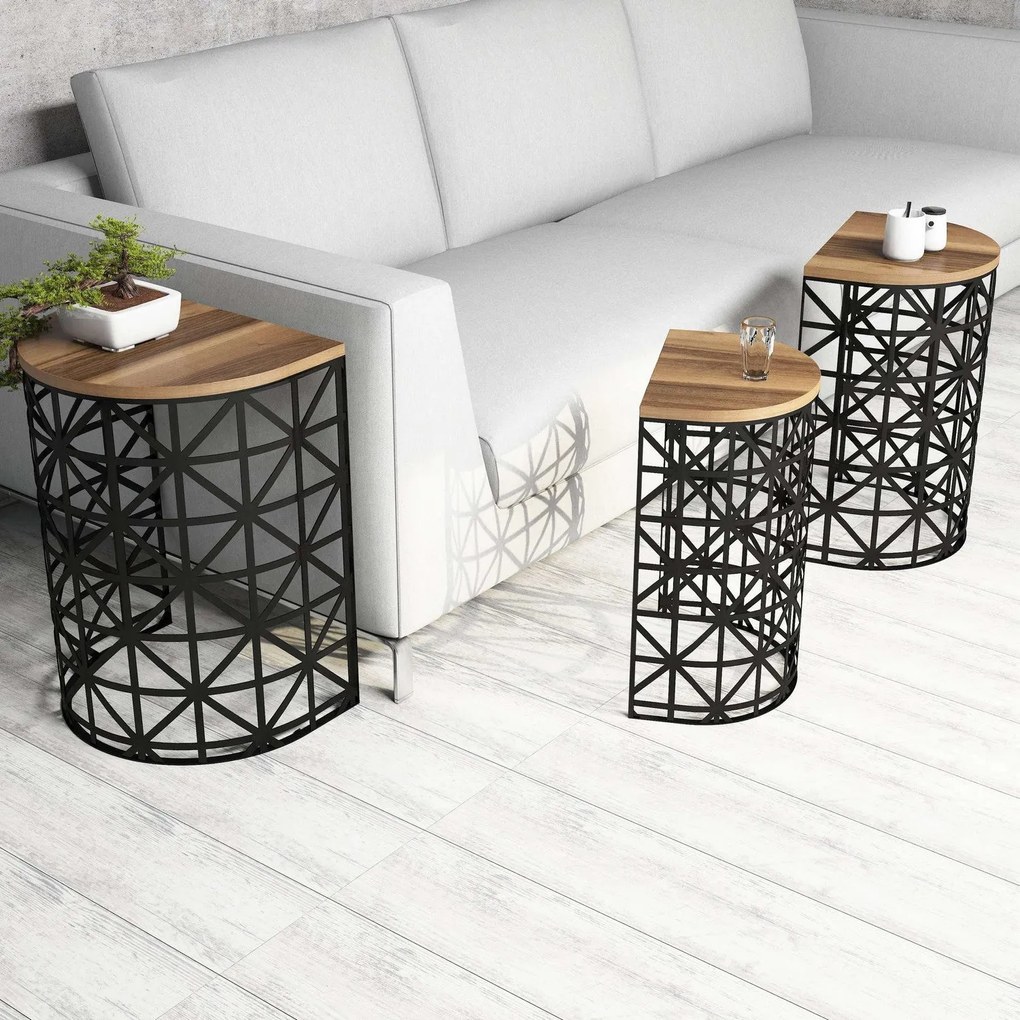 Mesas de Apoio Stil Metal Ferforje – Nogueira e Preto – Conjunto de 3
