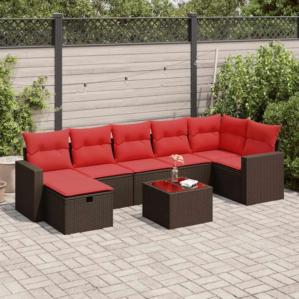 8 pcs conjunto sofás de jardim c/ almofadões vime PE castanho