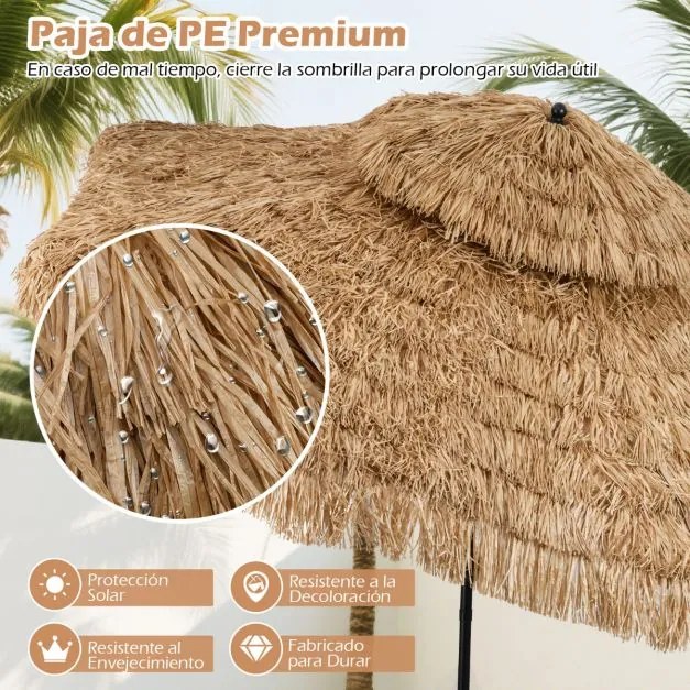 Guarda-sol Tiki 299 cm de praia estilo havaiano com manivela Ajuste fácil da inclinação Tampa ventilada 8 varas Natural+Preto