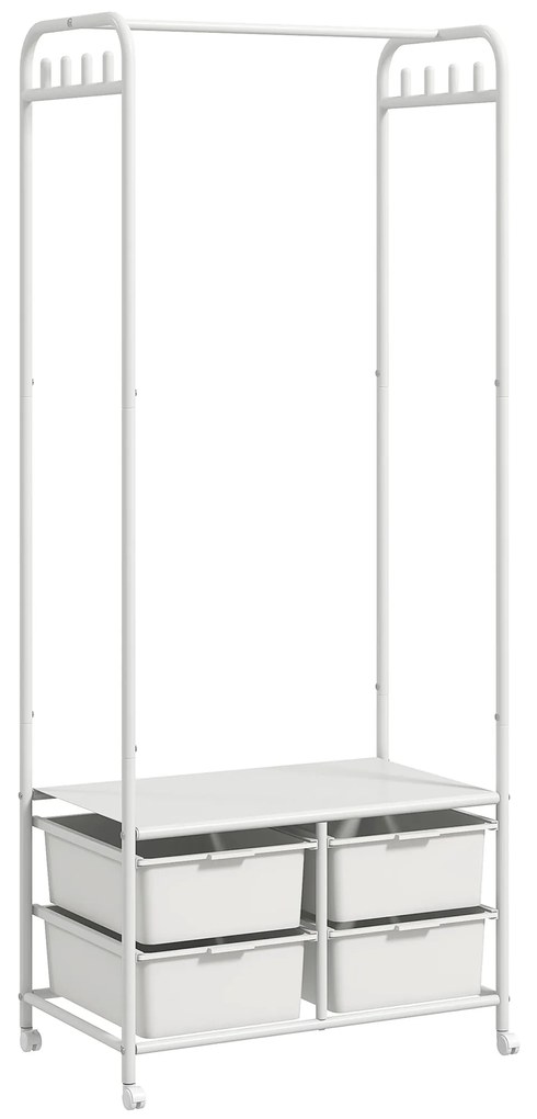 HOMCOM Charriot Moderno 8 Ganchos e 4 Cestos para Armazenamento Charriot com Rodas e Estrutura de Aço 63x37x153 cm Branco