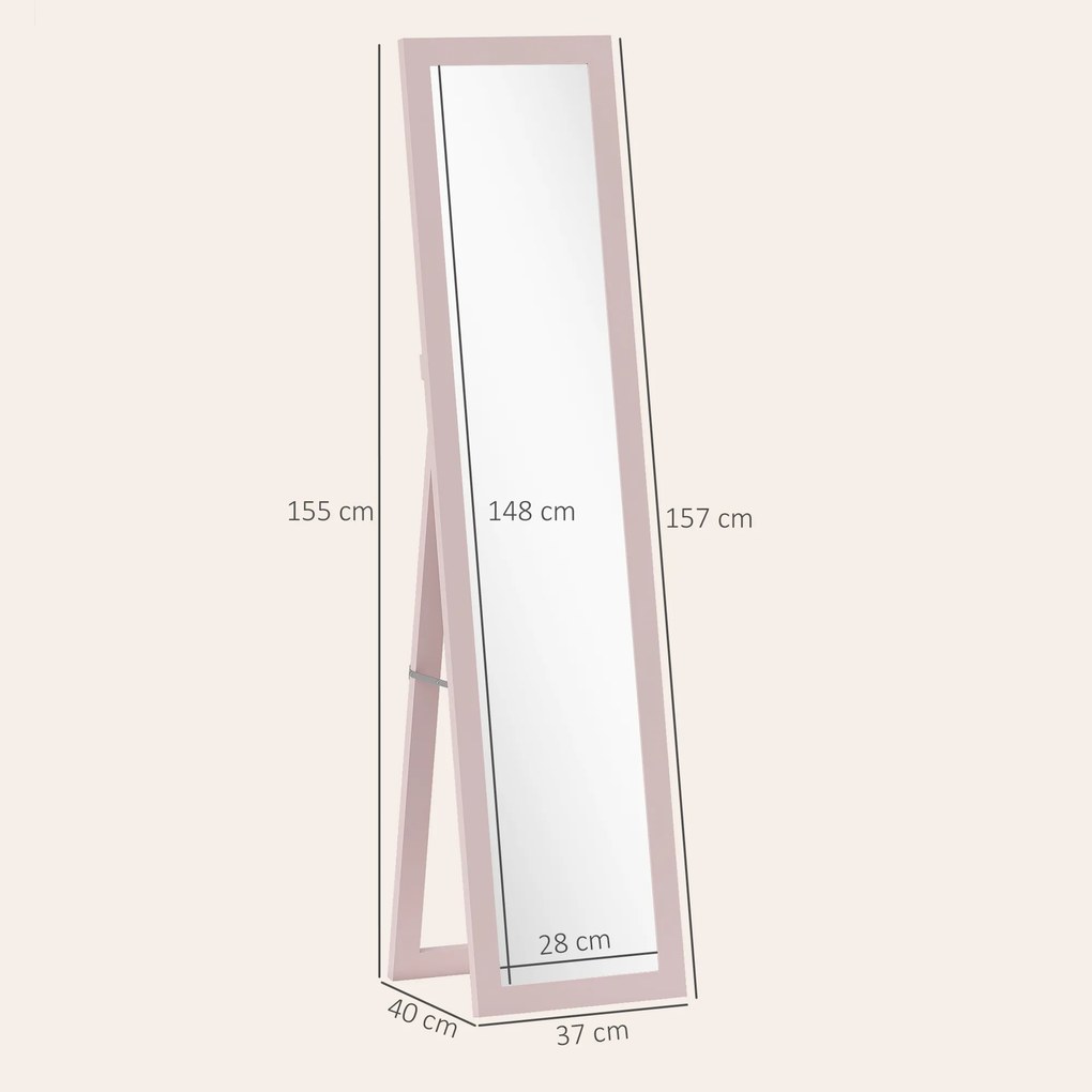 Espelho de Pé 37x155 cm Espelho de Corpo Inteiro Espelho de Parede Retangular com Estrutura de Madeira Rosa Claro