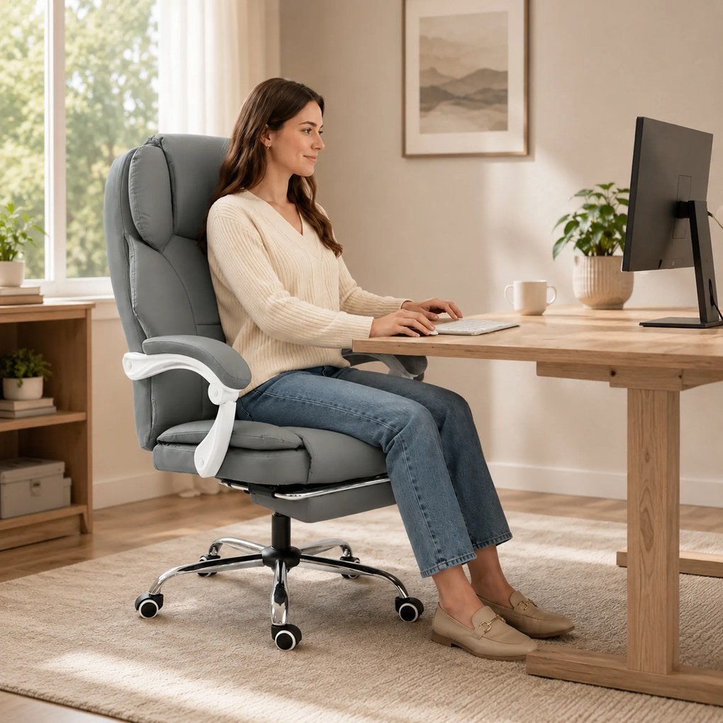 Cadeira de escritório ergonómica, reclinável em couro sintético, adequada para animais, altura ajustável, cinzenta