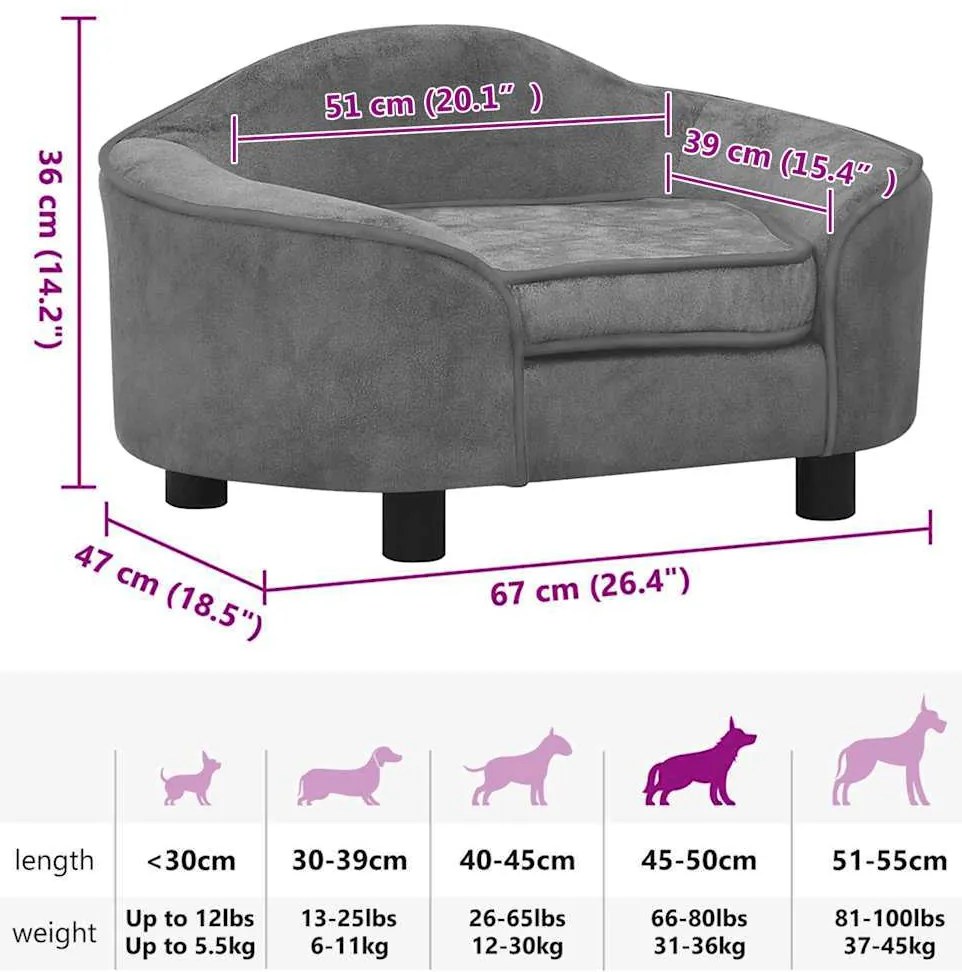 Sofá para cães 67x47x36 cm pelúcia cinzento
