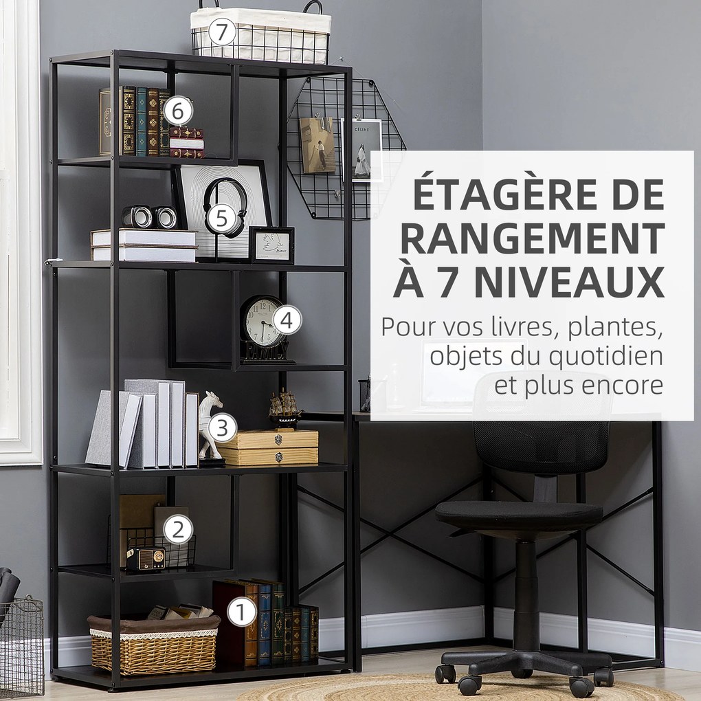 Estante de arrumação com 7 prateleiras, estrutura em aço, estilo industrial, 83 x 34 x 180 cm, preta