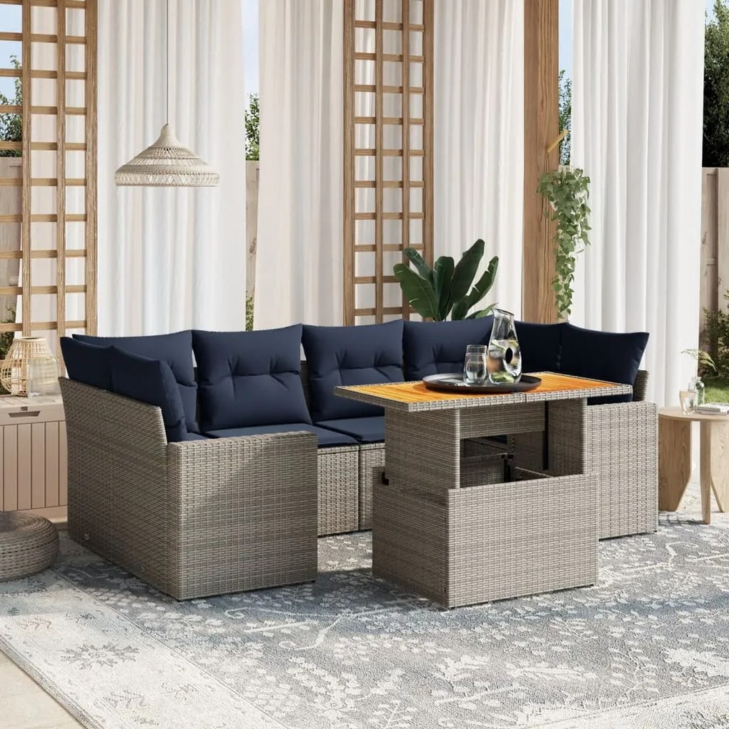 vidaXL 7 pcs conjunto sofás p/ jardim c/ almofadões vime PE cinzento