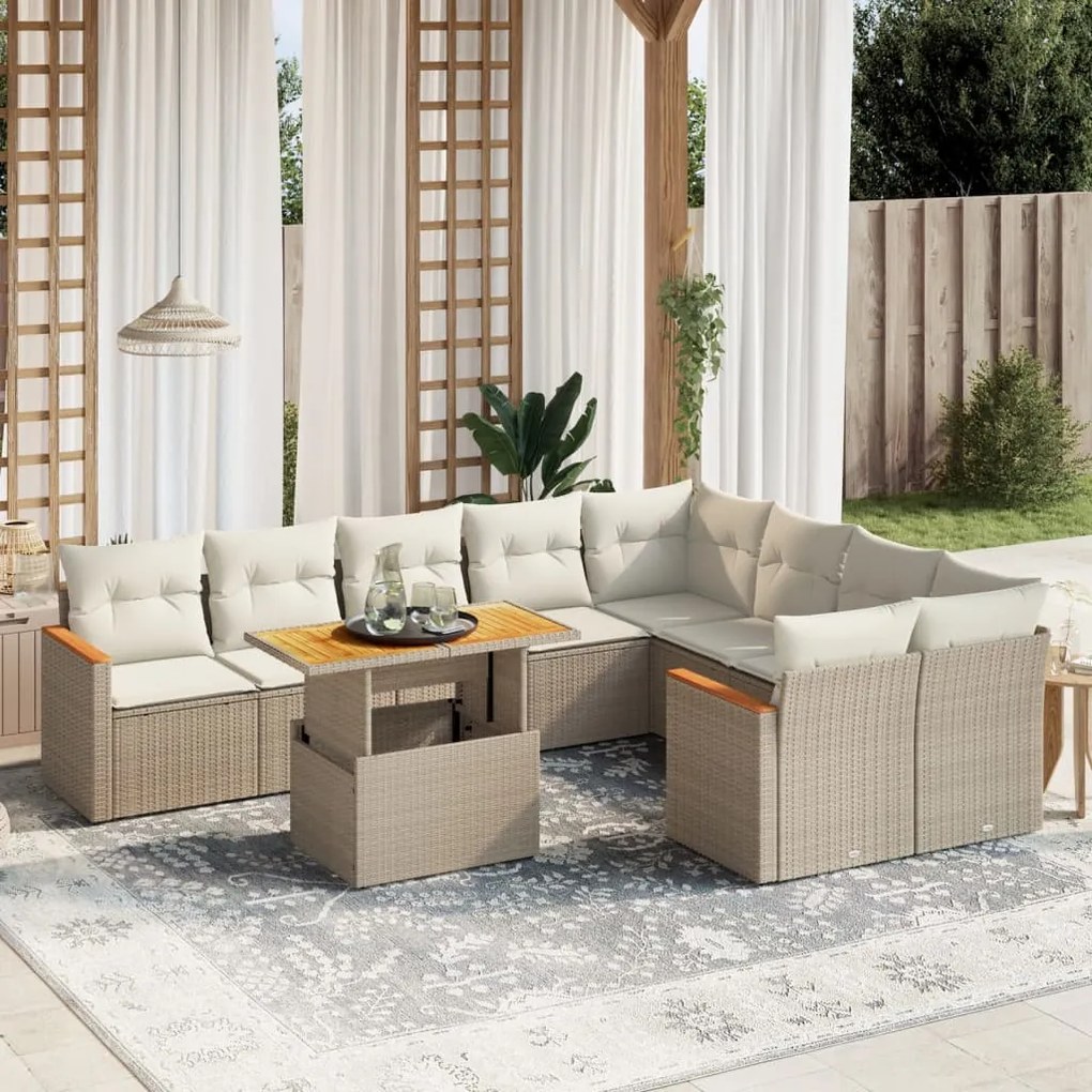 10 pcs conjunto de sofás p/ jardim com almofadões vime PE bege