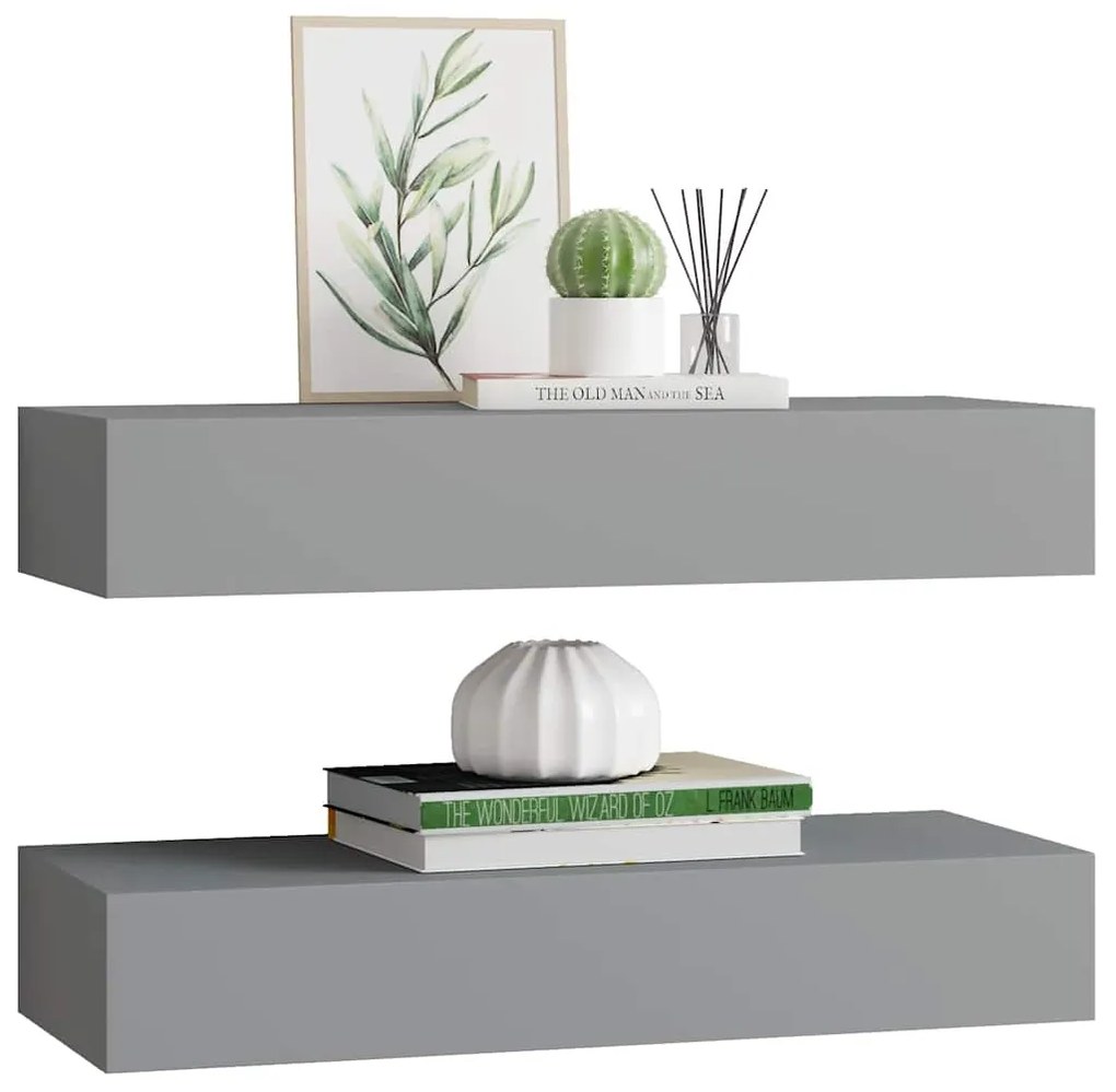 Prateleiras de parede c/ gavetas 2pcs MDF 60x23,5x10cm cinzento