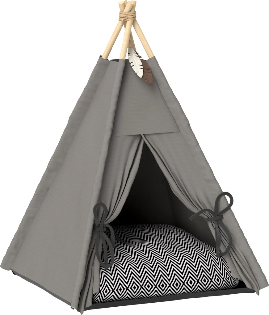 PawHut Tenda tipi para animais, cama em design tipi, tenda para gatos com almofado, cama para cães para dormir, cama para gatos, Cinza | Aosom Portugal