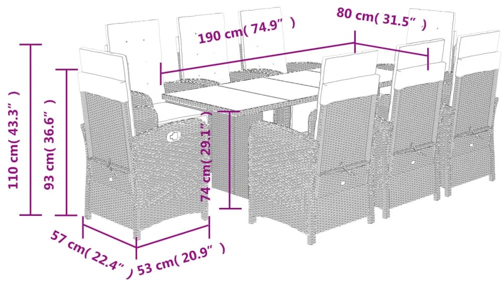 9 pcs conjunto de jantar p/ jardim com almofadões vime PE bege