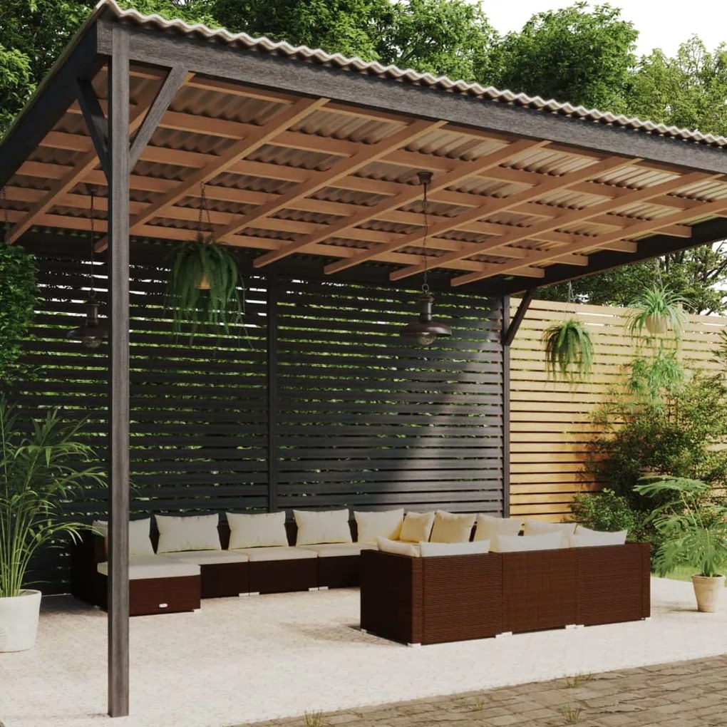 vidaXL 12 pcs conjunto lounge de jardim c/ almofadões vime PE castanho