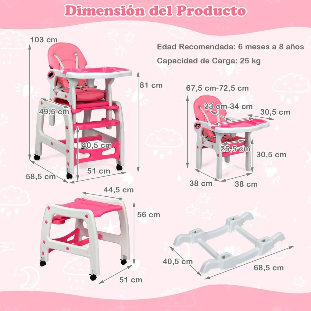 Cadeira alta 3 em 1 refeição bebés conversível em mesa e cadeira para crianças de 6 a 36 meses com bandeja removível, almofada, encosto com 3 níveis e