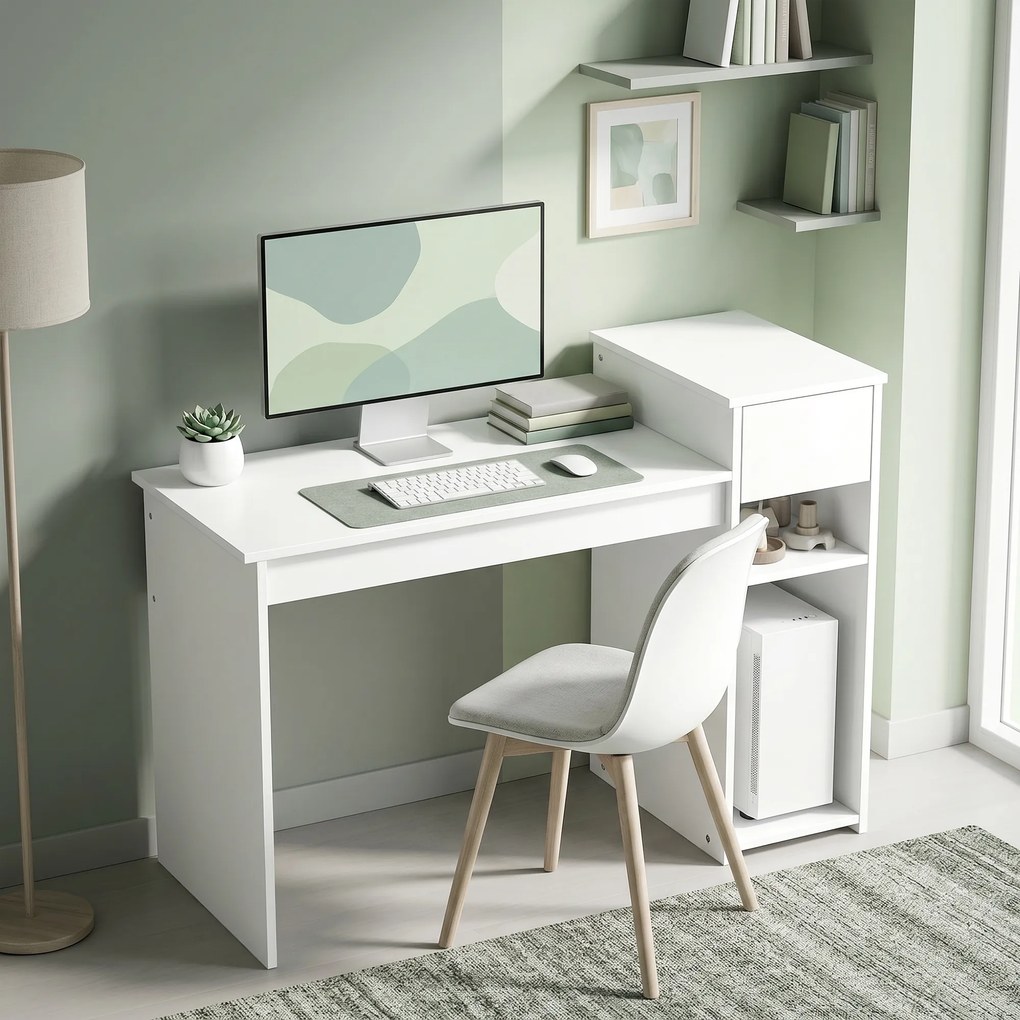Secretária para computador com gaveta e prateleira, secretária com suporte para a unidade central, 108 x 50 x 82 cm, branco