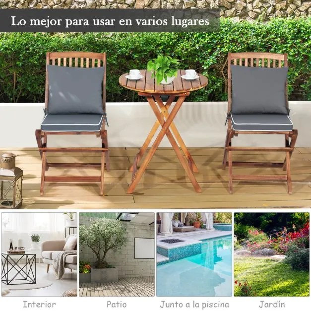 Conjunto dobrável para Jardim Bistro Mesa e cadeiras de madeira dobráveis com almofadas macias para terraço jardim Cinzento e Castanho