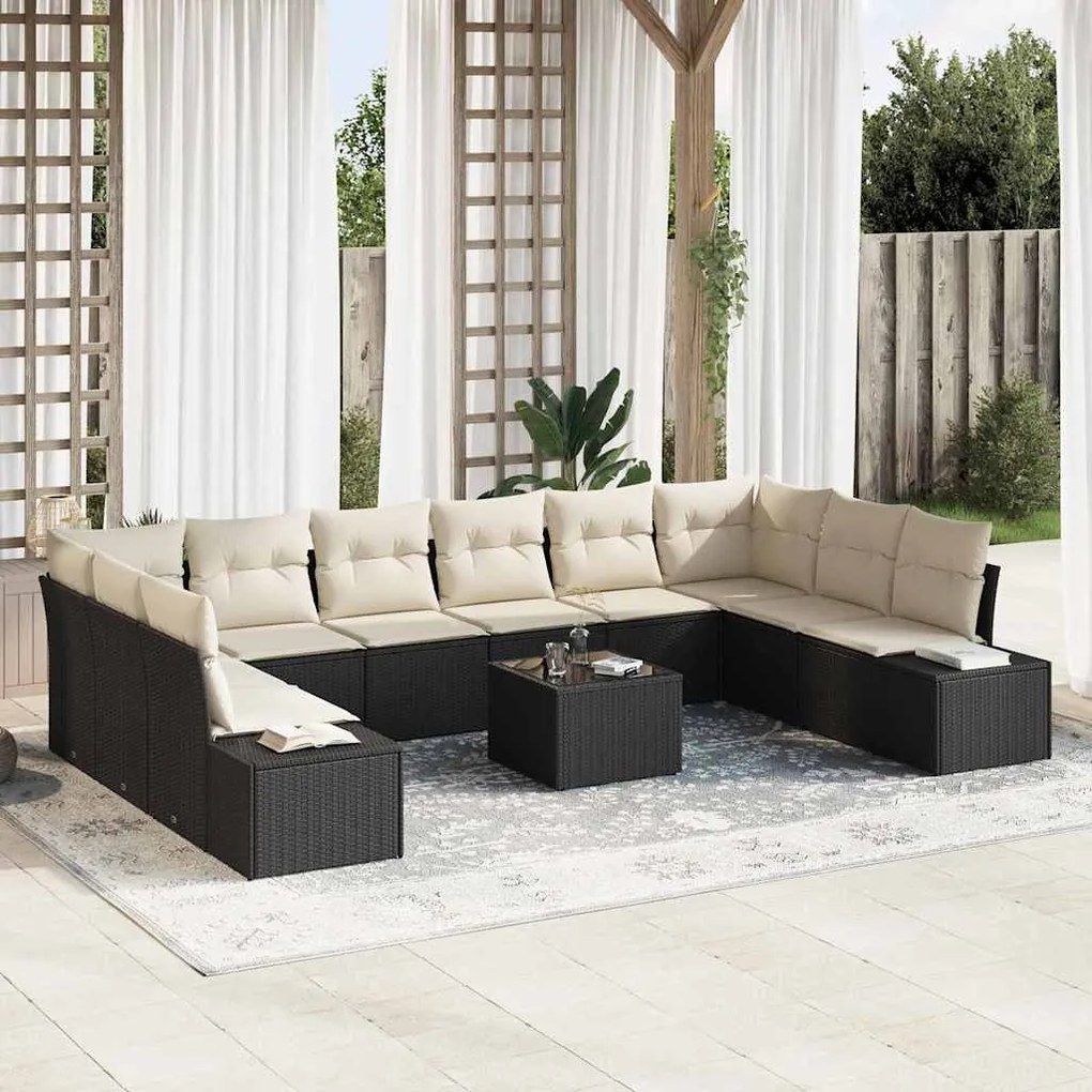 vidaXL Conjunto de Sofá de Jardim 10 pcs Preto e Creme Polirattan