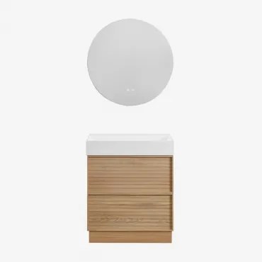 Conjunto De Móveis De Banheiro Em Madeira Jolene Com Pia Integrada Madeira Natural & Redondo Led E Anti-embaciamento Ø70 Cm Riben & Sem Torneira -
