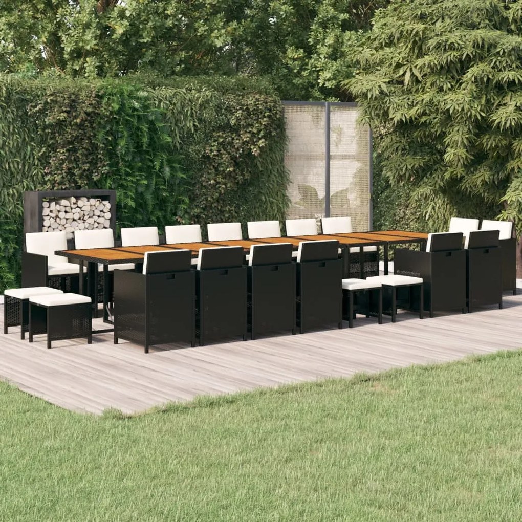 vidaXL 21 pcs conjunto jantar p/ jardim c/ almofadões vime PE preto