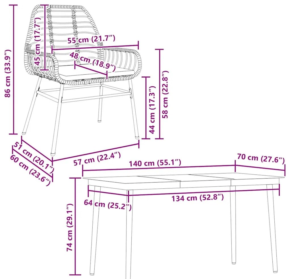 Conjunto jantar jardim 5 peças almofadas vidro vime PE castanho