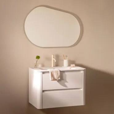 Conjunto De Móvel De Casa De Banho Suspenso Em Madeira Com Lavatório Integrado Egerton Branco & Oval Led E Anti-embaciamento 100x80 Cm Riben - Sklum