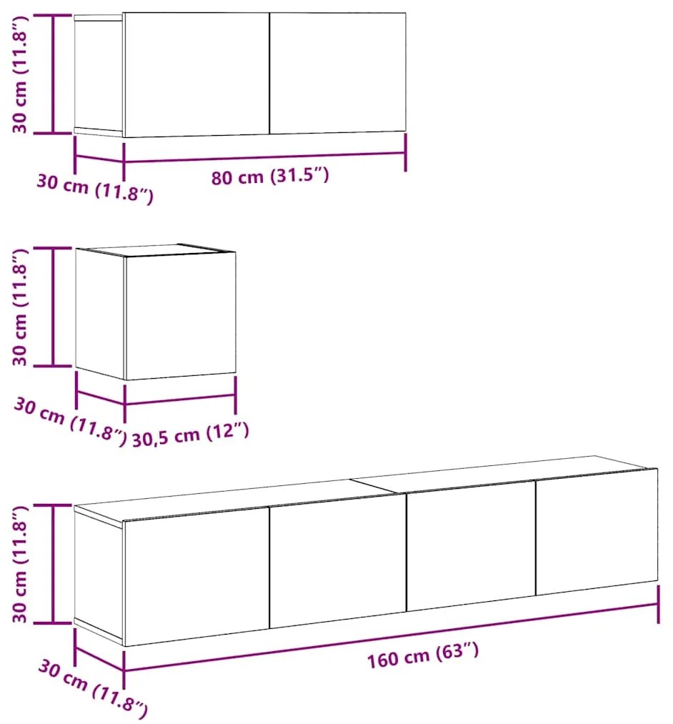 Conjunto de armário TV parede 4 pcs madeira carvalho artisiano