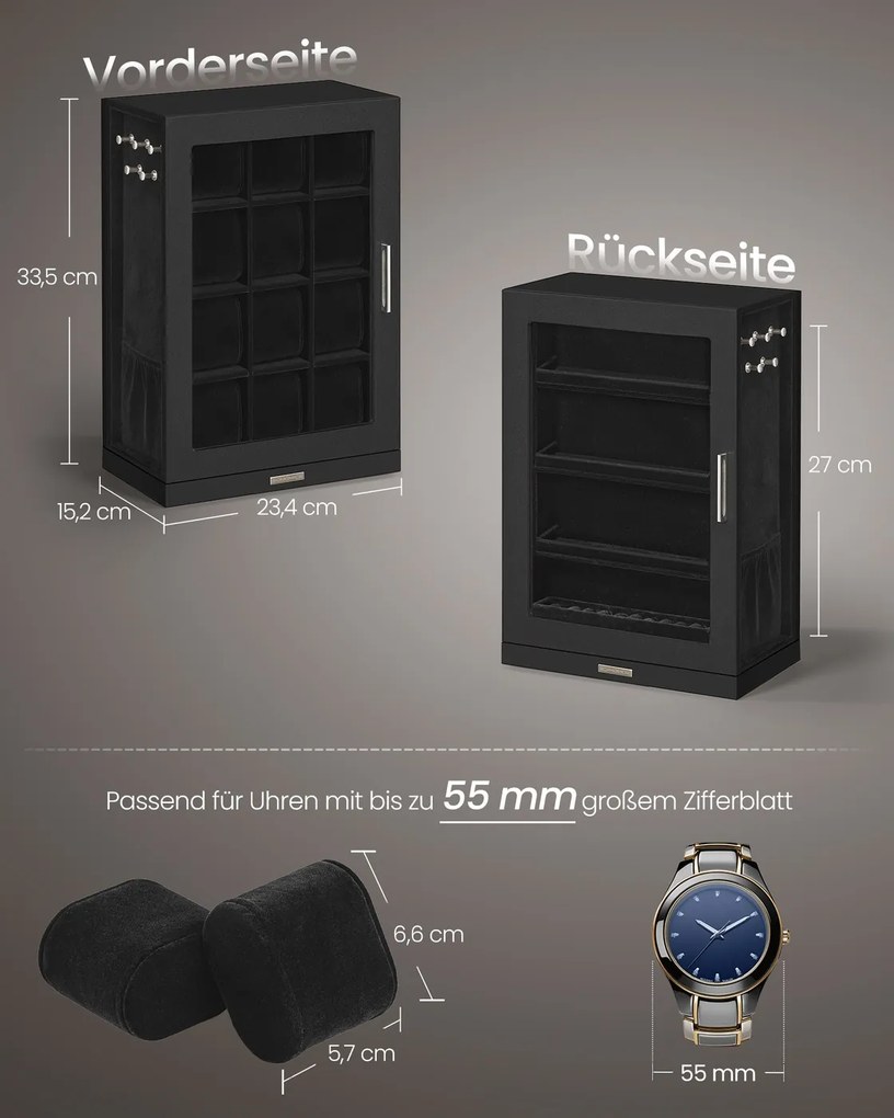 Caixa para relógios com 12 compartimentos e janelas de vidro 15,2 x 23,4 x 33,5 cm, giratória em 360°, preta