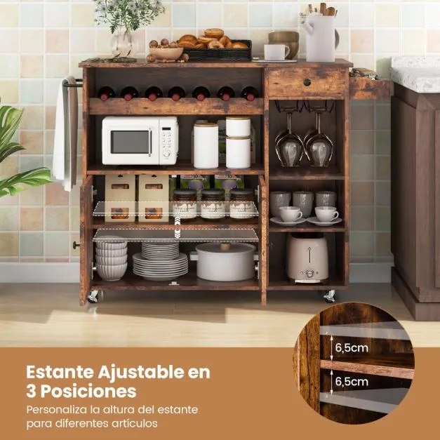 Carrinho de cozinha buffet com rodas Estante de vinho dobrável para copos 121 x 68 x 88 cm Castanho rústico