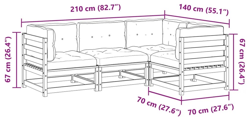 4 pcs conjunto sofás p/ jardim com almofadões pinho impregnado
