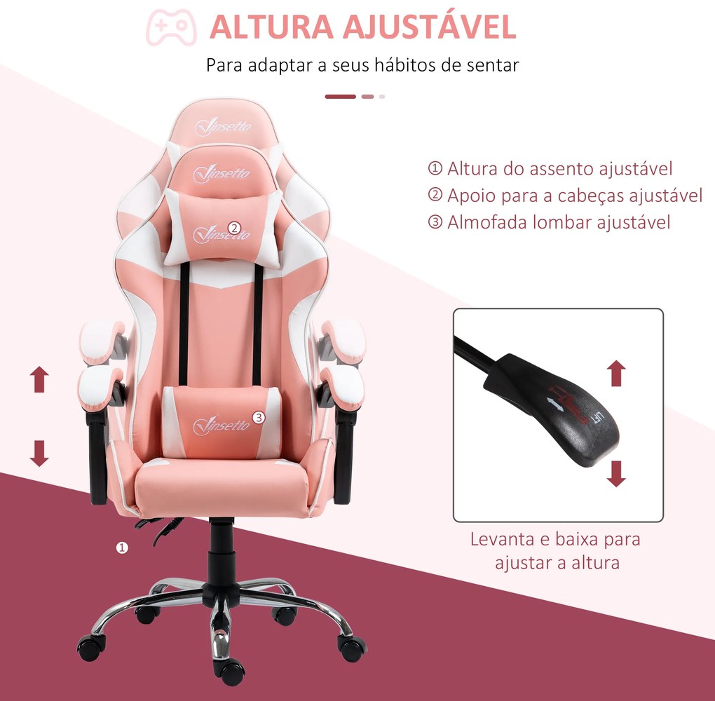 Vinsetto Cadeira Gaming Ergonômica Cadeira para Videojogos Reclinável com Altura Ajustável Apoio para a Cabeça e Almofada Lombar 63x67x122-130cm Rosa e Branco