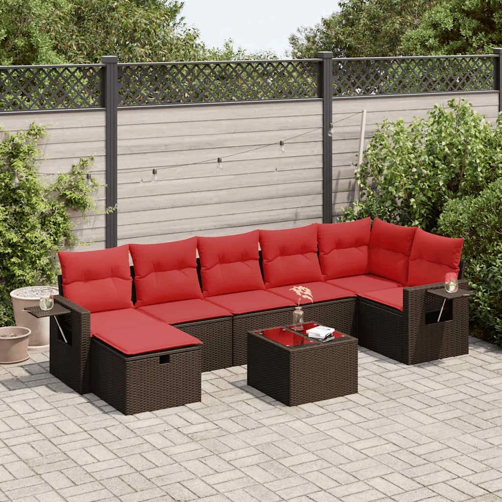 8 pcs conjunto sofás de jardim c/ almofadões vime PE castanho