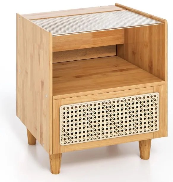 Mesa de cabeceira de bambu e vime com 2 peças, gaveta e pernas de madeira maciça - natural